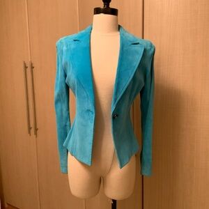 Women's Karen Kane short genuine leather suede blue jacket Sz PS